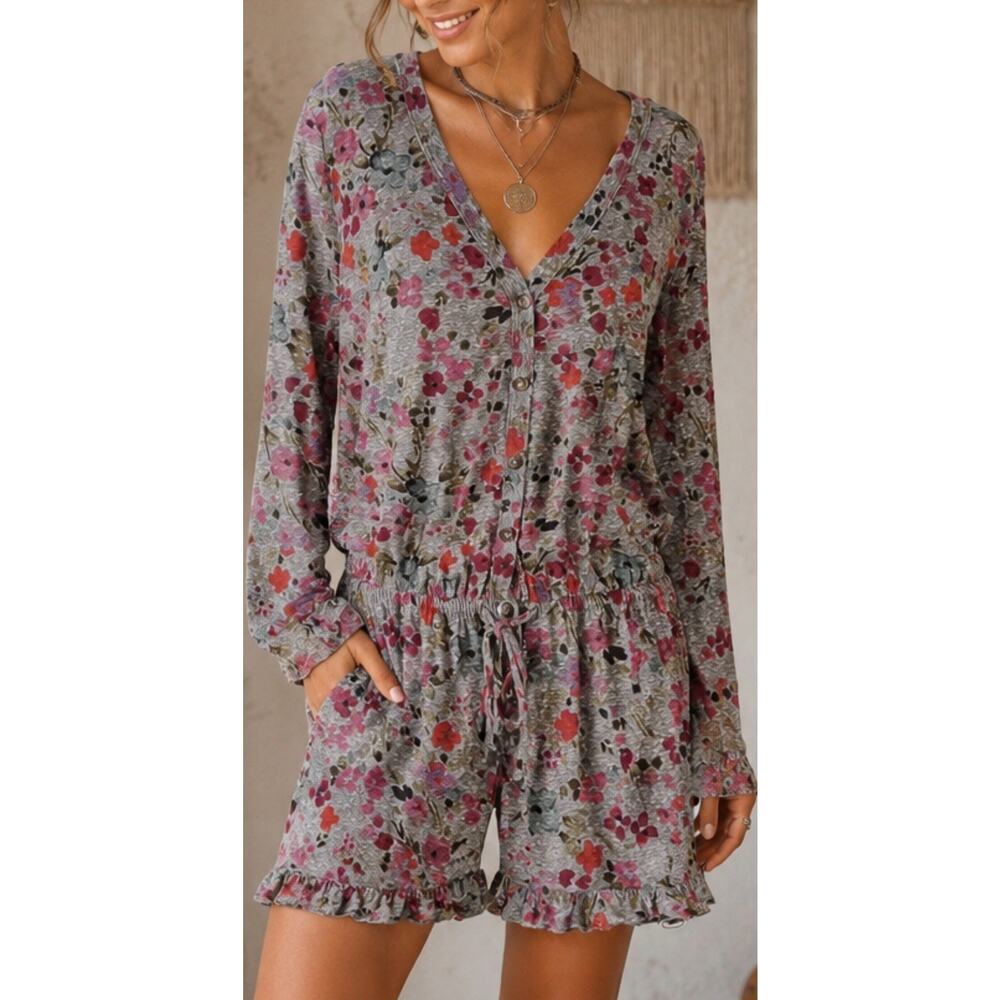t.la Floral Ruffle Romper Women M Boho Lounge Shorts Romper Jumpsuit Long Sleeve